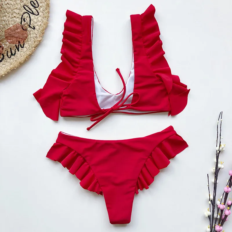 Бикини женское однотонное с оборками пикантный бандажный купальник завязками
