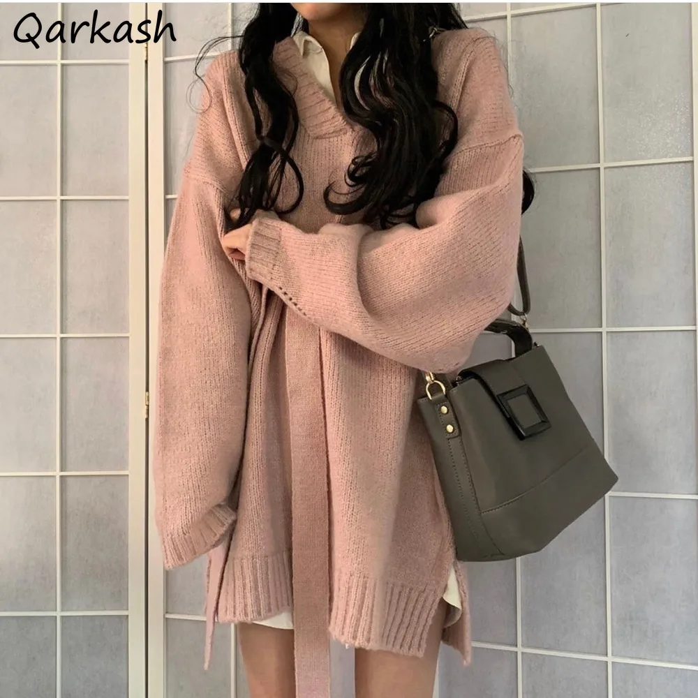 

Пуловеры женские милые элегантные на шнуровке шикарные Ретро Модные осенние женские трикотажные мешковатые с длинным рукавом и V-образным ...