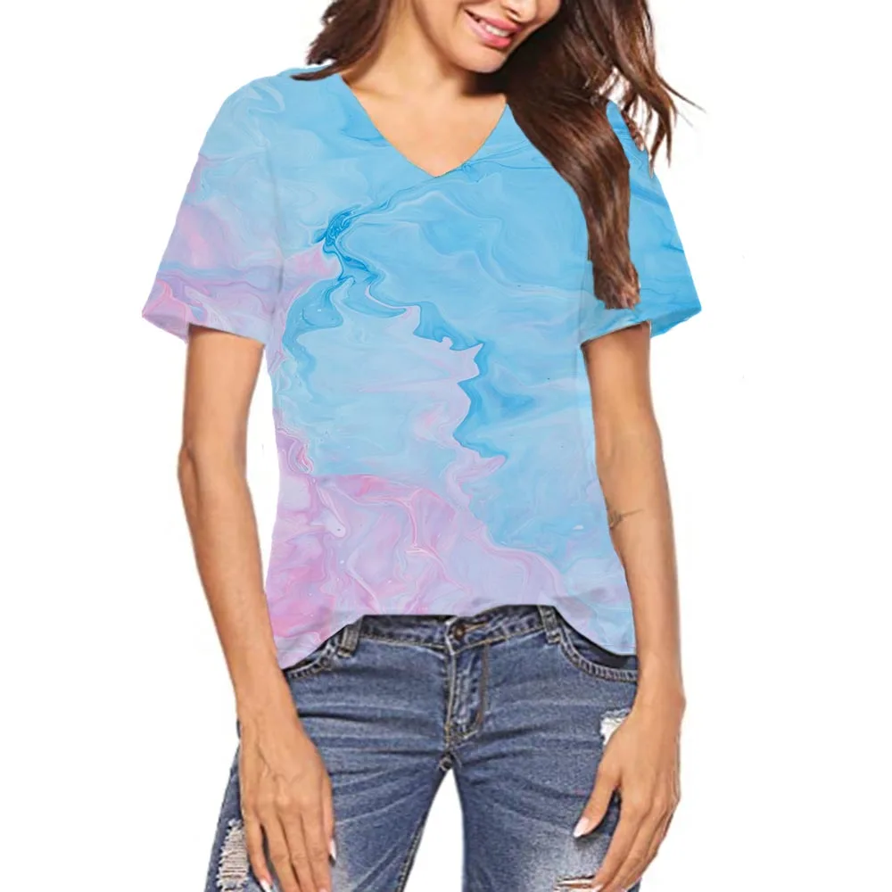 Женская Краски футболки Летние 3D с v образным вырезом принтом рубашка Топ арт