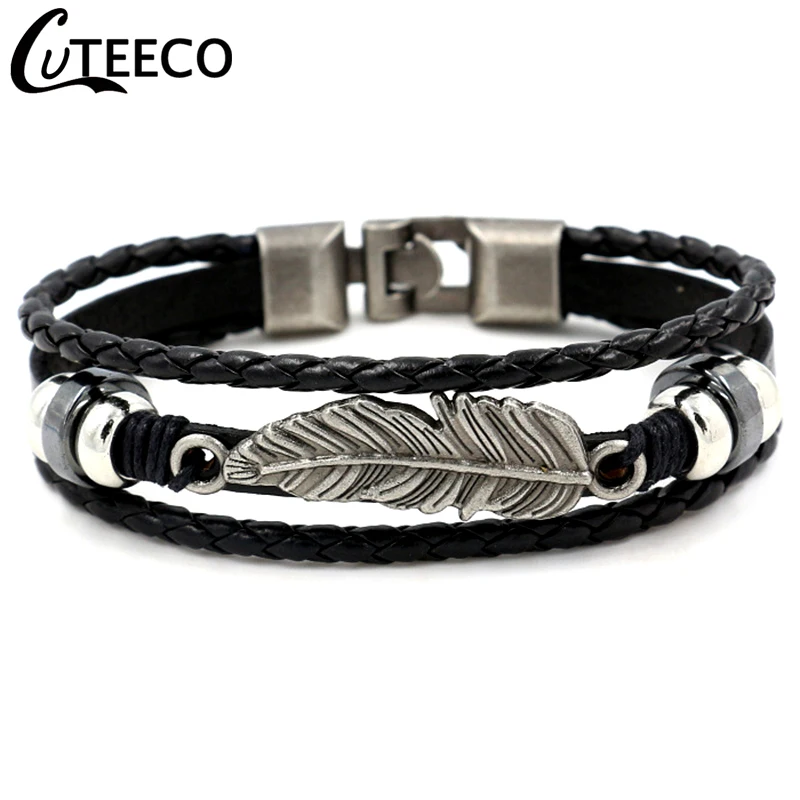 

Vintage Genuine Leather Feather Charm Bracelets For Men Dropshipping