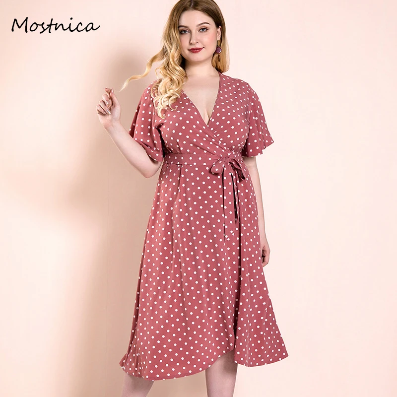 

Mostnica Summer Casual Polka Dot Flounced Sleeve Woman Plus Size Dress Deep V Neck Belted Wrap Asymmetric Dress Party Clothes