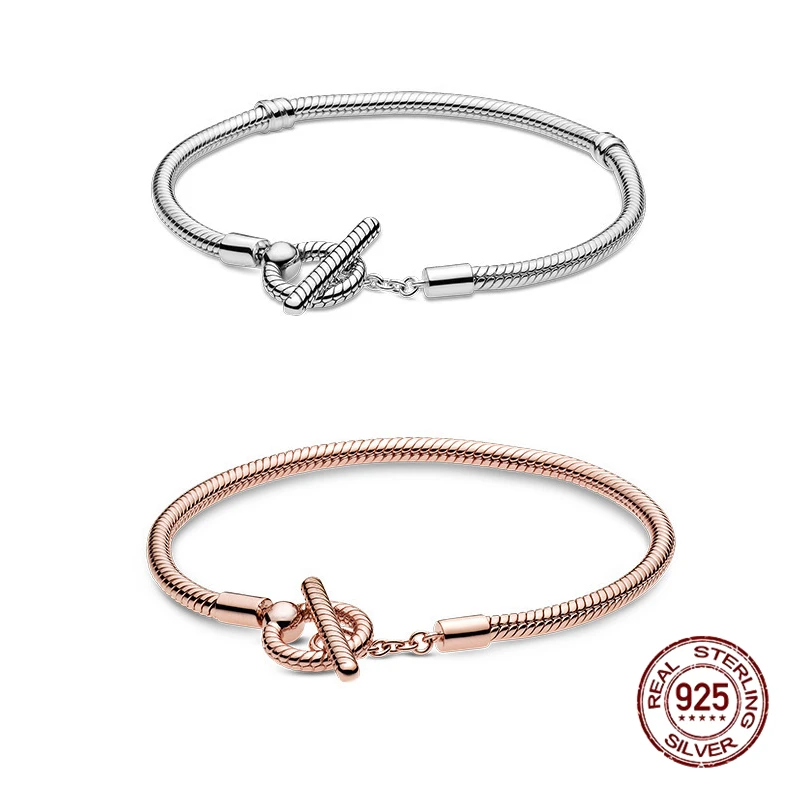 

925 Sterling Silver Fit Original Pandora Charms T-shaped Buckle Apiral Snake Bone Chain Bracelet Simple Chain Bracelet