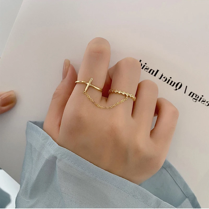 

Комплект колец в стиле панк, модное украшение с двойными кольцами в стиле хип-хоп для подростков, металлическая цепочка серебряного цвета с ...