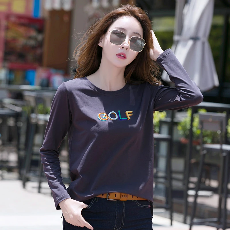 

Women Long Sleeve T Shirt Fashion Embroidery Letters Women's T-shirts O-neck Solid Color Basic Woman Tshirts Casual Winter Tops