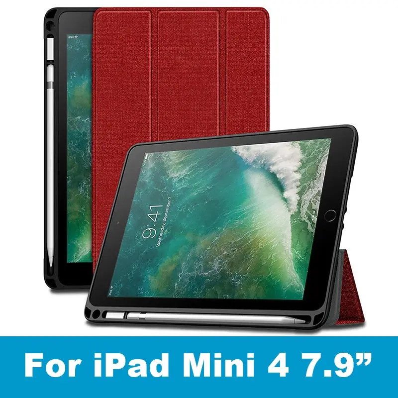 mini 4-Red Чехол для нового iPad mini 5, 7,9 дюйма, дюйма, с держателем карандаша, умный чехол из искусственной кожи, силиконовый чехол с текстурой ткани для iPad mini 4, Funda - Цвет: mini 4-Red