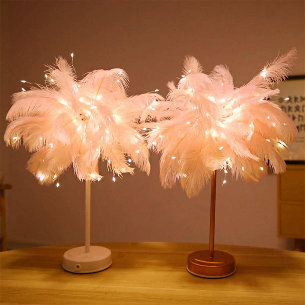 

Creative Table Lamp Feather+Remote Control USB Battery DIY Tree Feather Lampshade Night Light Warm White Wedding Bedroom Decor