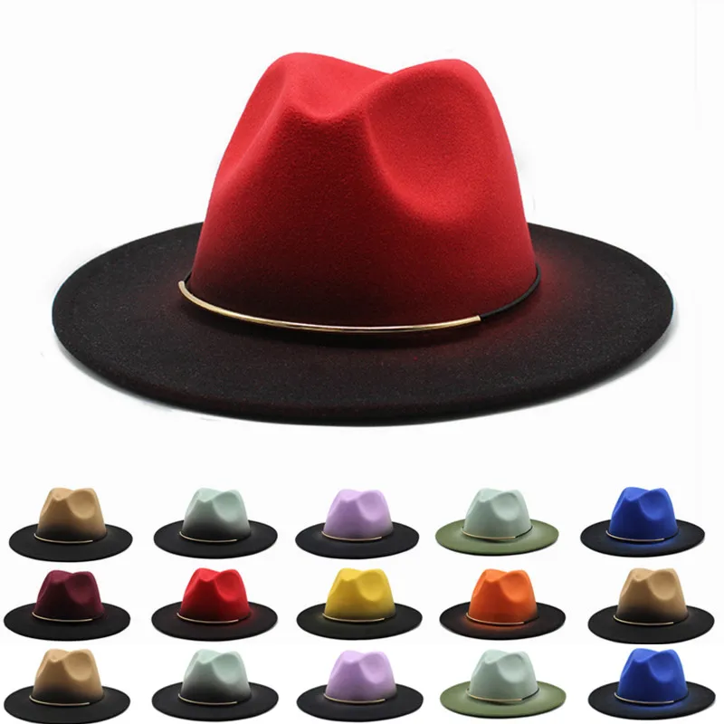 

Women Red Gradient gold belt Fedora Hat Wide Brim Church Derby Top Hat Panama Men artificial British style Jazz Cap