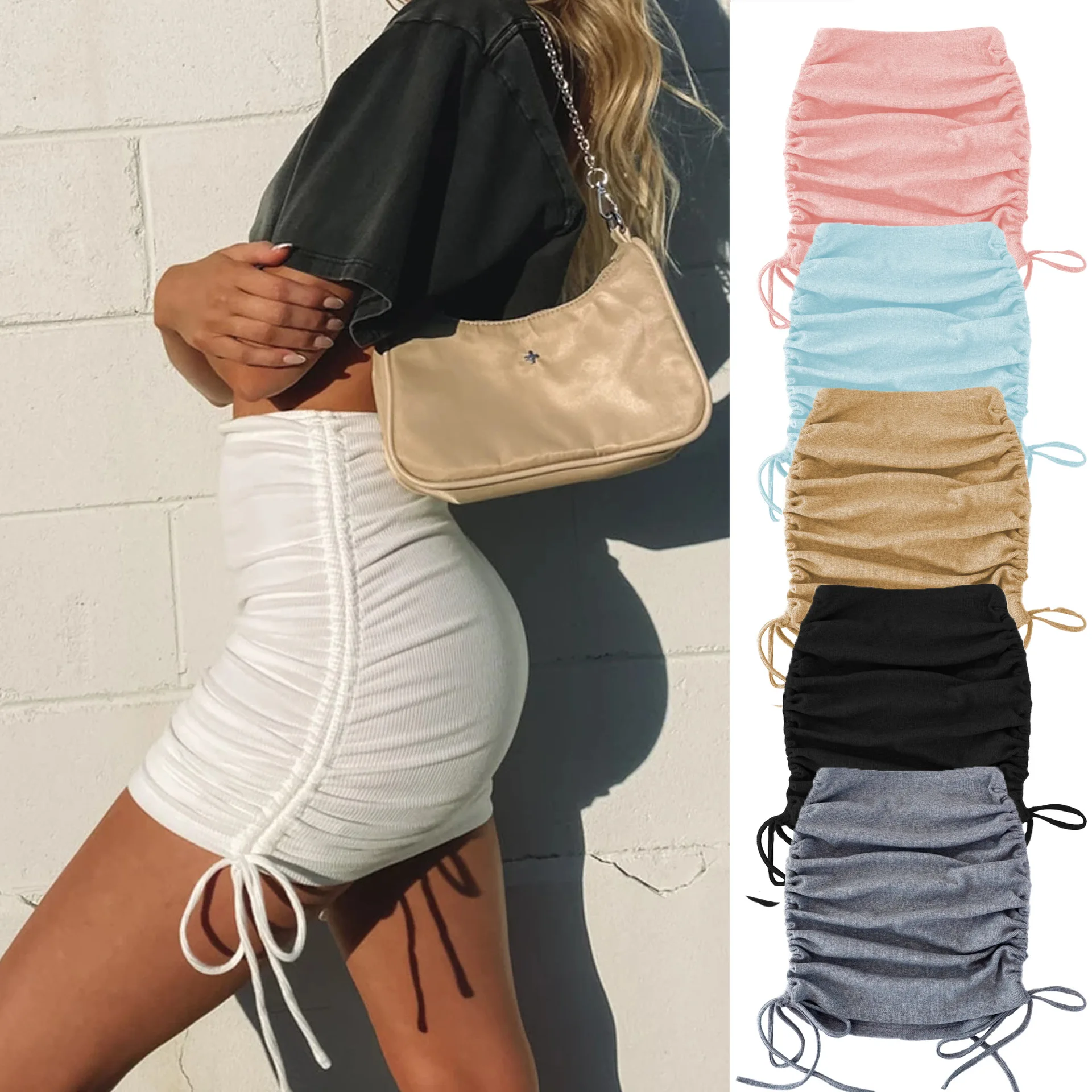 

Spring Autumn Women's Knitted Thread Side Drawstring Elastic Pleated Skirt Sexy Slim Adjustable Buttocks Skirt