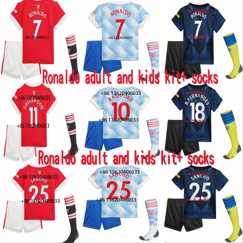 Fast shipping 2021 2022 7 Ronaldo SANCHO United Best quality adult and kids kit+socks home away 3RD 21-22 Manchester shirt