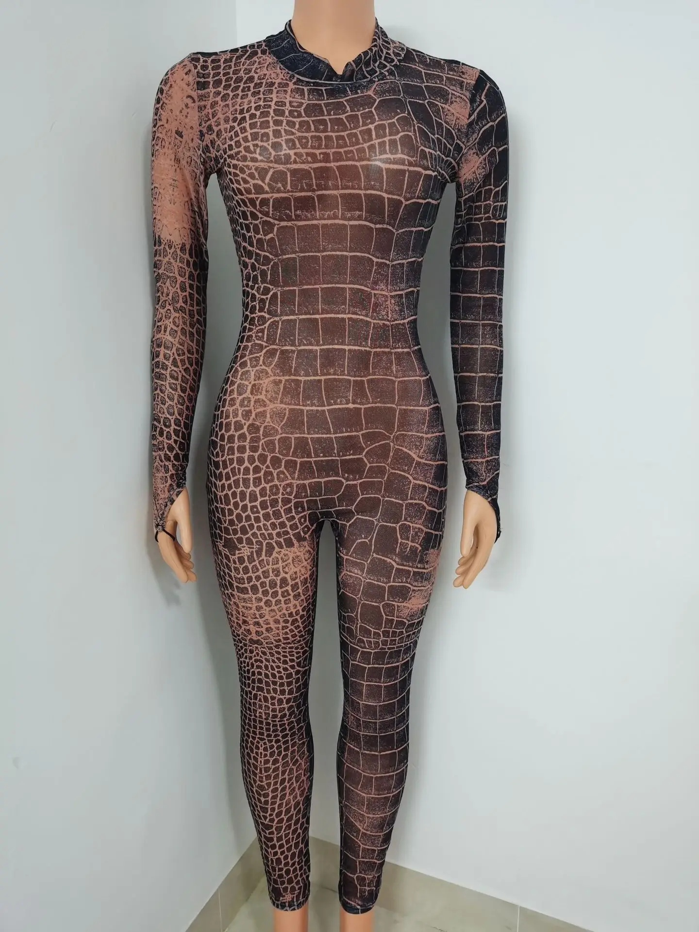 

Adogirl 2021 Long Sleeve Fashion Print Mesh See-through Bodycon Jumpsuit Night Club Autumn Winter Women Streetwear Outfits