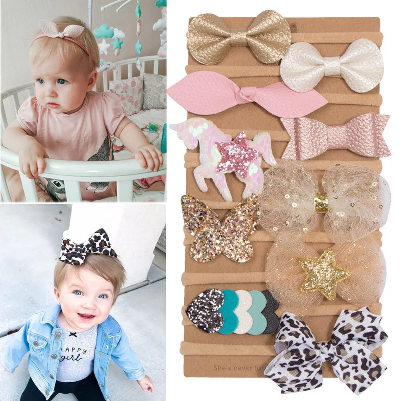 Fashion Baby Girls Hair Bows Headband 10pcs/set Soft Nylon Headbands for Girls Glitter Bow Headband Set Kids Hair Accessories