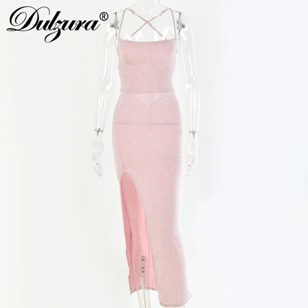 

Dulzura Bling Glitter Women Lace Up Strap Midi Dress High Slit Bodycon Backless Sexy Streetwear Party Club Elegant 2021 Autumn