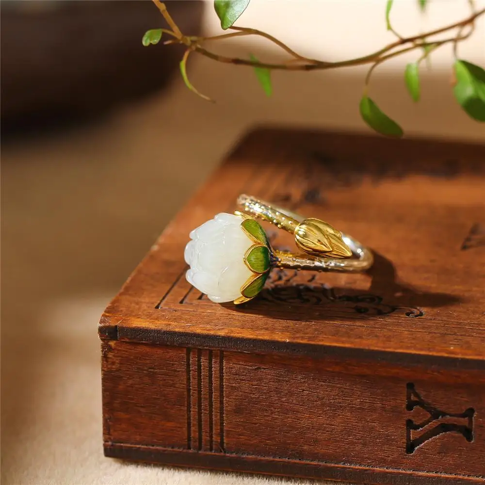 Uglyless Enamel Lotus Rings for Women Natural Jade Flower Open Real 925 Silver Fine Jewelry Gemstones Bijoux R810 | Украшения и