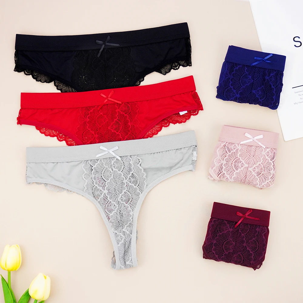 3 Pcs Lots Women Underwear Wholesale Sexy Lingerie Feminina G Strings Thong for Lady Solid Color with Bow Ice Silk Lace Panties