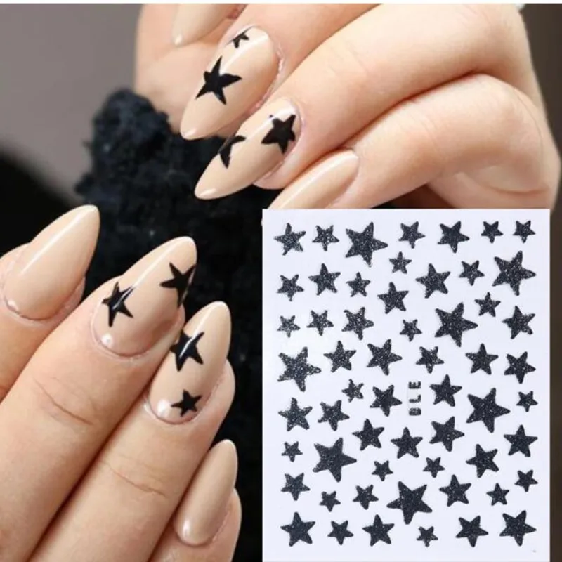 

3pcs Glitter Stars Powder 3D Nails Art Stickers Set Self-adhesive Shiny Black Gold Slider Decals Manicure Accessories Tips