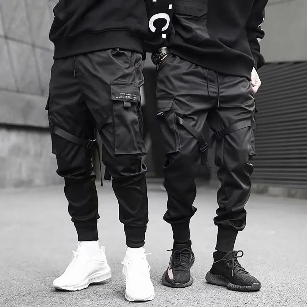 

Men Fashion Slim Casual Sports Sweatpants Drawstring Multi Pockets Straps Ankle Tied Cargo Pants Long Trousers Gym Sweatpants