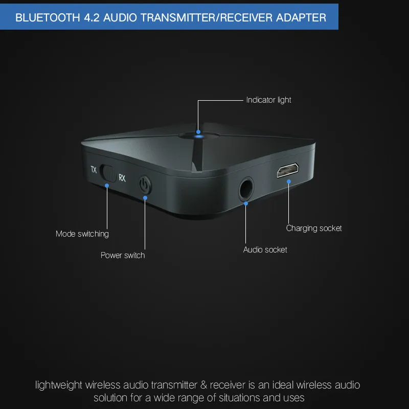 

2 IN 1 Bluetooth 4.2 Receiver and Transmitter Bluetooth Wireless Adapter Audio With 3.5MM AUX Audio For Home TV MP3