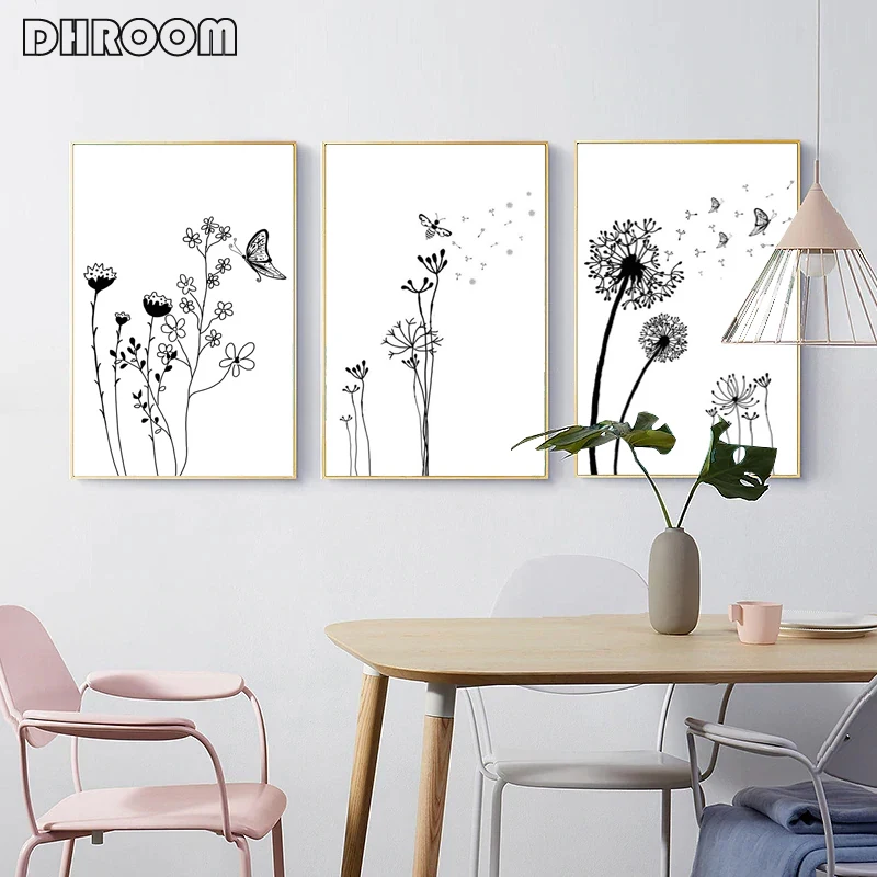 Абстрактная Настенная картина Одуванчик холст плакат черный белый цветок