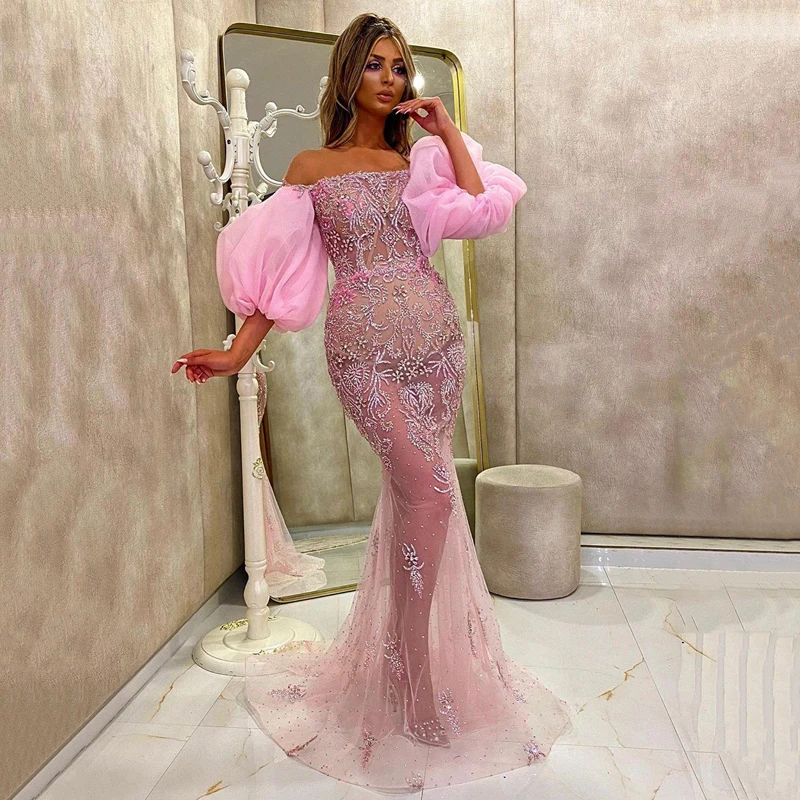 

Arabic Aso Ebi Luxurious Pink Mermaid Evening Dresses Lace Crystals Prom Dresses Sexy Formal Party Second Reception Gowns