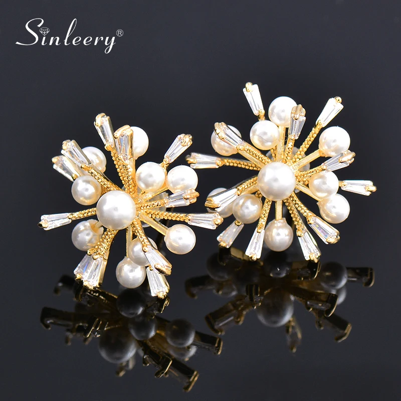 

SINLEERY Korean Fashion Sweet Pearl Flower Cubic Zirconia Stud Earring For Girl Gold Color Earrings Friends Gifts ES014 SSK