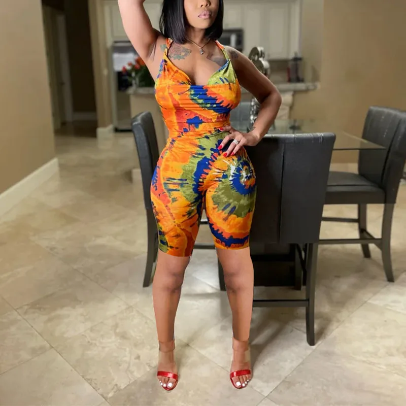 

Women Plunge V-neck Printed Backless Bodycon Romper