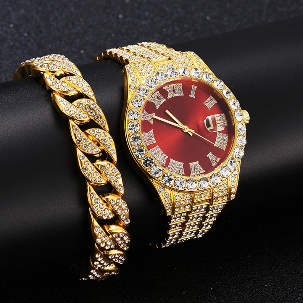 

Часы и браслет мужские из нержавеющей стали, украшенные камнями, в стиле хип-хоп, с календарем, цвет золото, 2 шт.