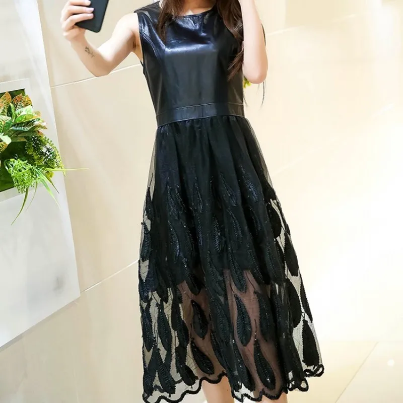 Brand Genuine Leather Sleeveless Midi Dress Female Streetwear 2020 Patchwork Sheepskin Lace Elegant Slim Mesh Black M-3XL | Женская