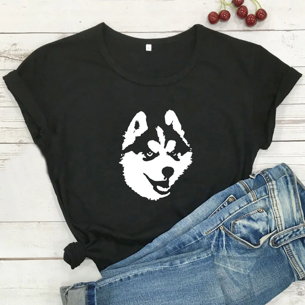 

Футболка женская с изображением сибирской хаски и собаки, милая забавная хлопковая рубашка с коротким рукавом, черный цвет