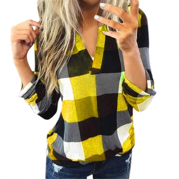 Fashion Plaid Blouse Women Summer Full Sleeve Blouses Tunic V Neck Female Women'S Casual Loose Shirts Tops 1