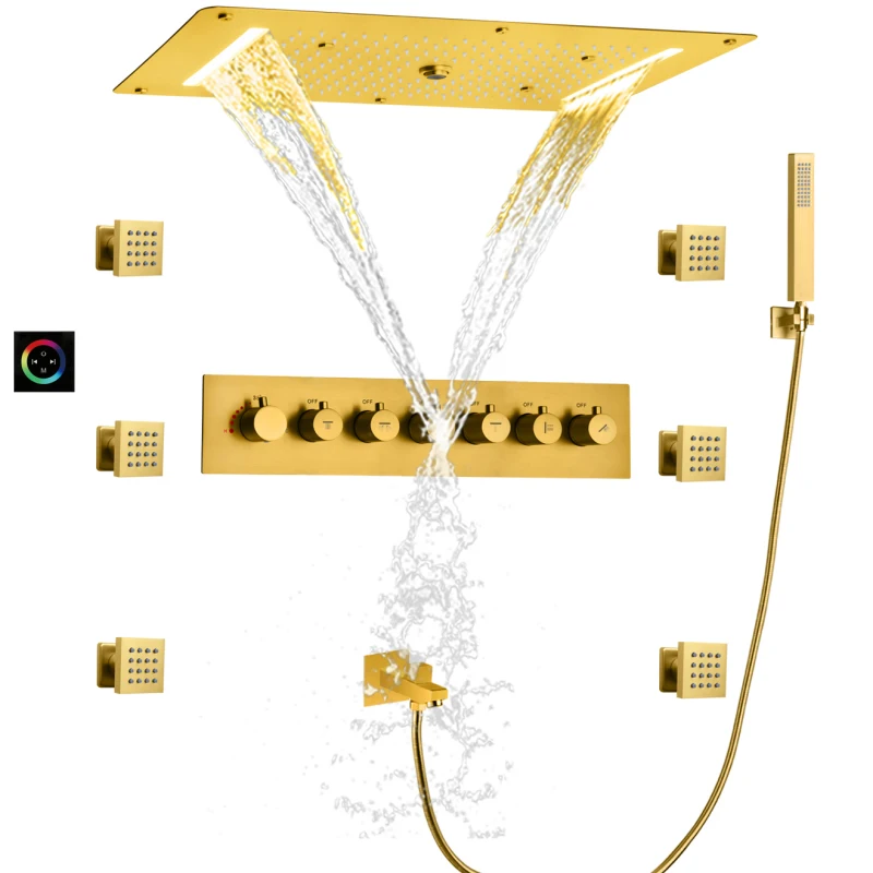 

Brushed Gold Shower Mixer Set 70X38 CM LED Bathroom Multifunction Rainfall Concealed Shower System With Hand-Held Spray Head