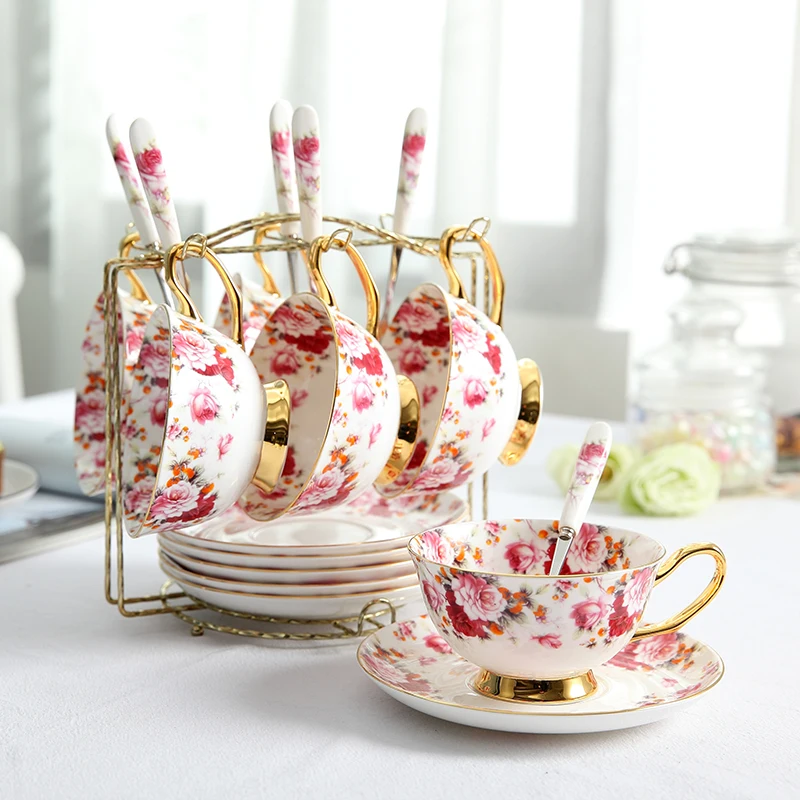 Британский костяной фарфор цветочный чайная чашка блюдце ложка набор Европа керамическая кофейная чашка 200 мл современный фарфор кафе чайная чашка Прямая поставка - Цвет: 6Cups n Holder