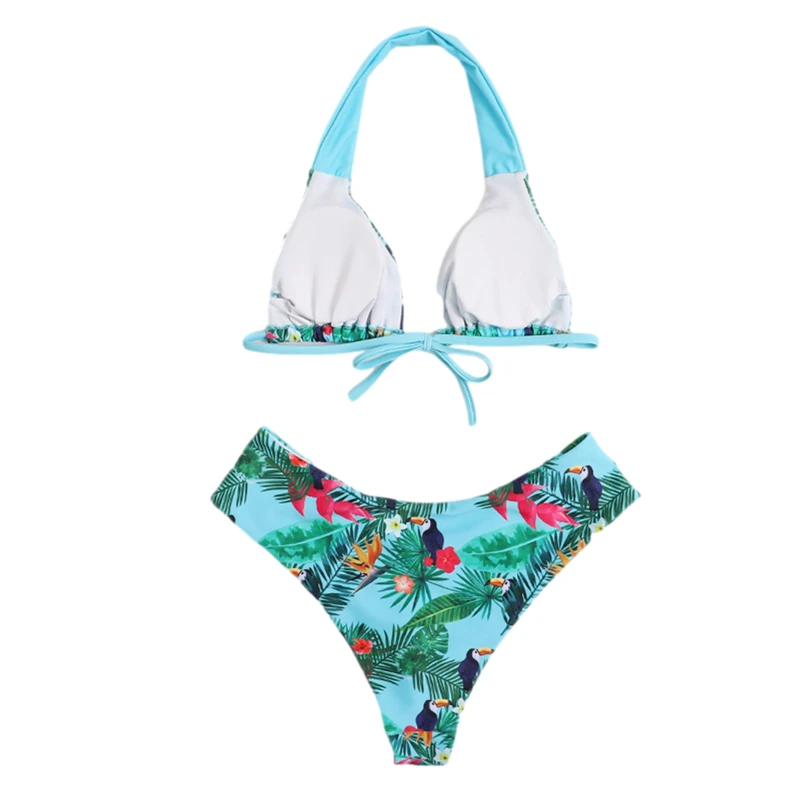 

2021 Fashion Women's Summer Sexy Flower Zebra-stripe Printing Bikini Sleeveless Halter Tops Briefs Swimsuit Classic Beachwear