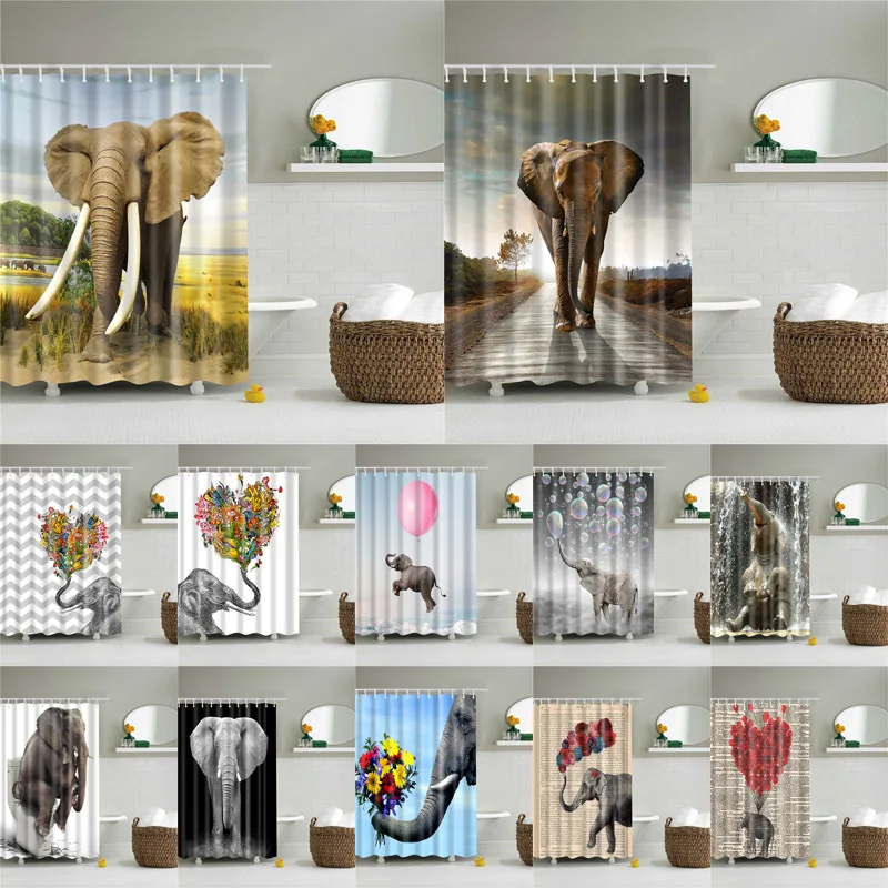 Animals Elephant Shower Curtains Pattern Bathroom Curtain Set Nordic Polyester Bath Screens Waterproof With Hooks