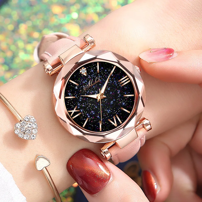 

Women Watch Fashion Leather Band Ladies Quartz Starry Sky Round Dial Roman Number Rhinestone Leather Band Watch