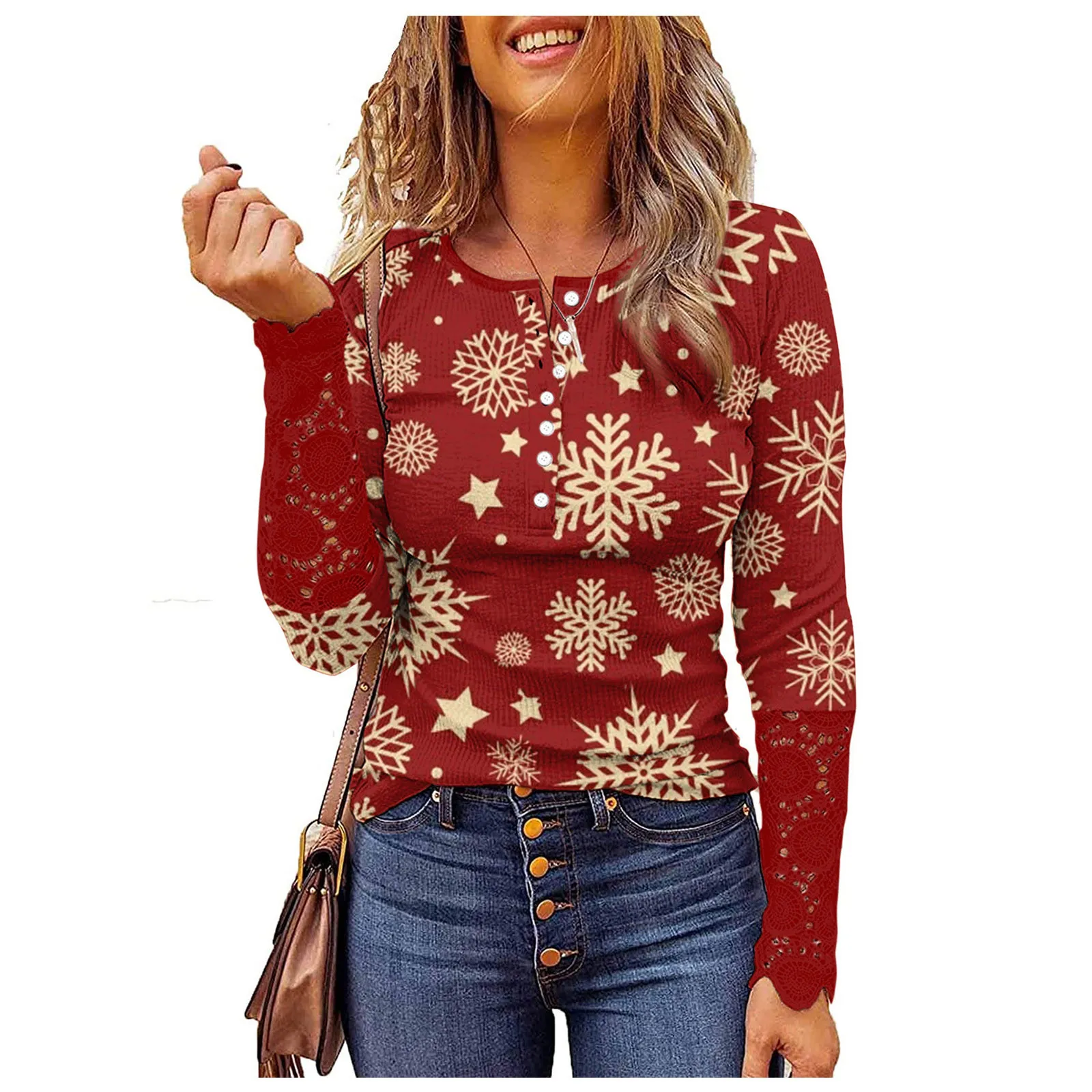 

Однотонная Женская рождественская футболка на пуговицах с кружевом и вырезами, футболки с круглым вырезом и длинным рукавом для женщин, осе...