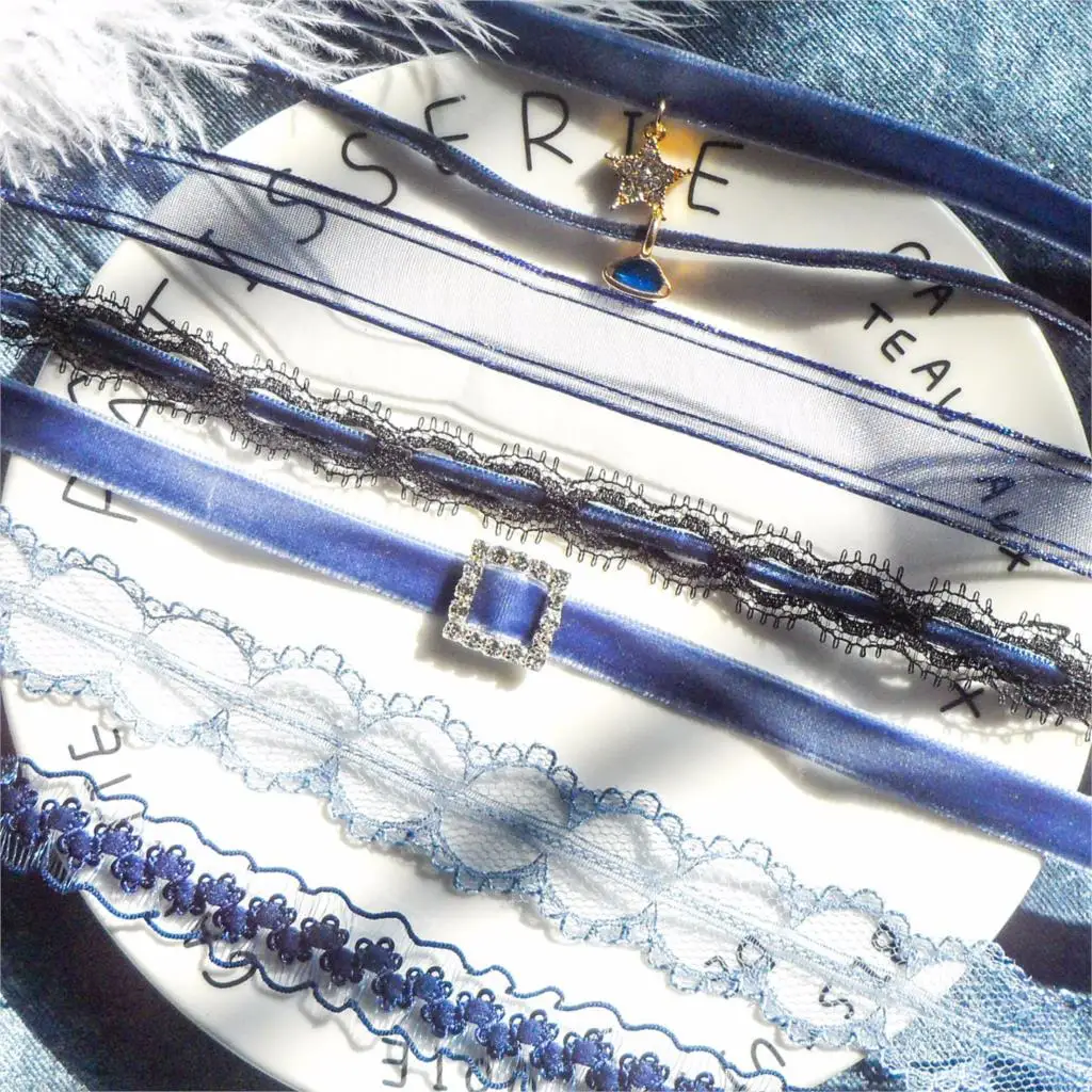 

Sweet Blue Lace Choker Necklace Blue Rope Chain Choker Collar Small Star Pendant Choker Lace Chokers Fashion Women Necklaces