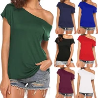2022 women t shirts summer fashion solid color one off shoulder tops with pocket short sleeve females basic t shirt