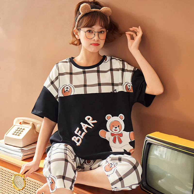 

Womens Loungewear Set Female Cartoon Short Sleeve Capris Summer Home Wear Two Piece Suit Woman Sleepwear Pijama Cotton Designer