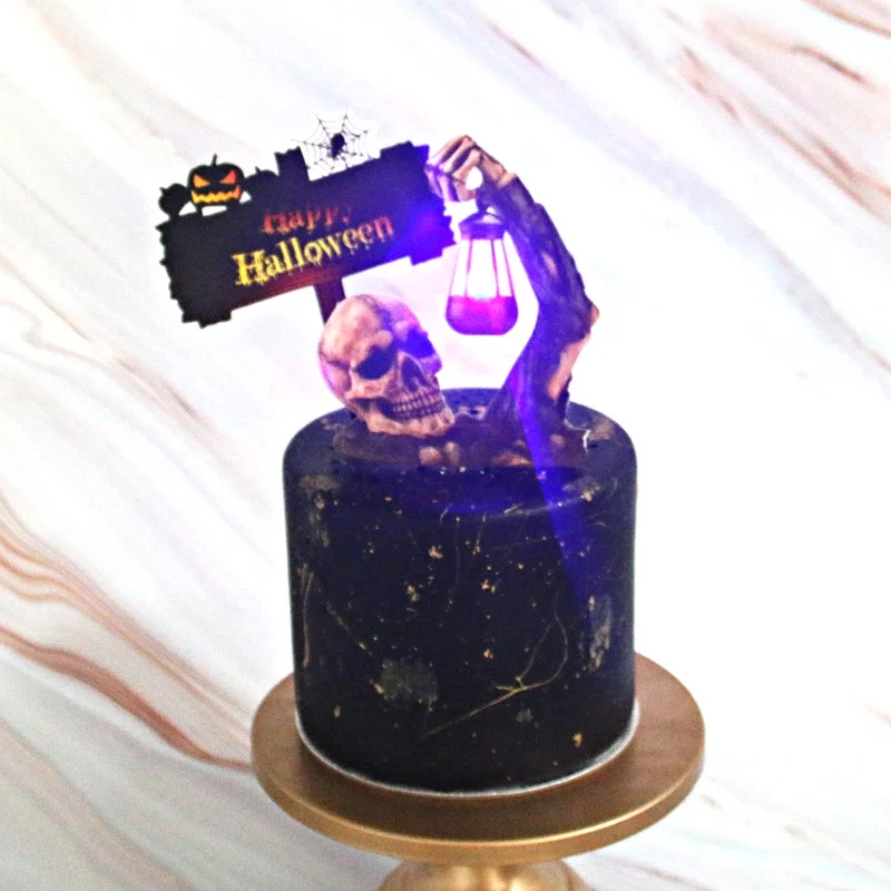 

Happy Halloween Cake Topper Decorative Sign Skull LED Halloween Cake Topper Party Decoration Supplies Cake Decorating Tool