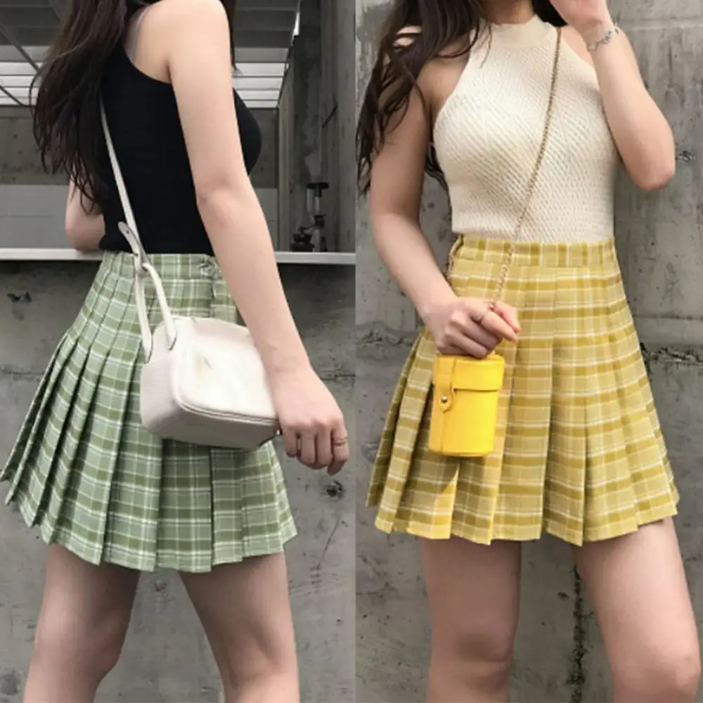 

Spring Vintage Yellow Plaid mini skirts Women 2021 summer fashion office lady club party casual short pleated skirts mujer