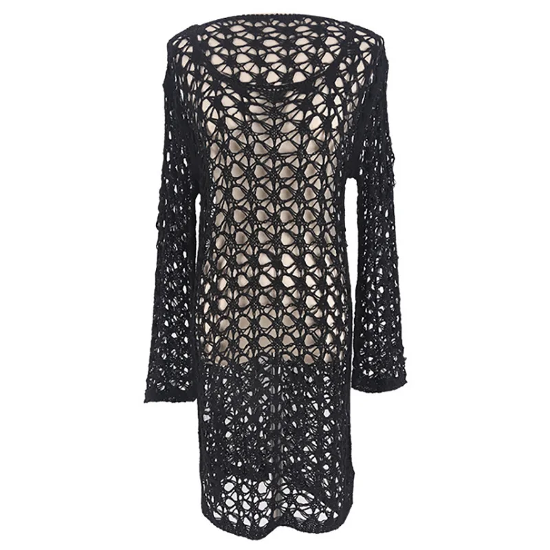 

Women Summer Clothing 2021 Cover Up Dress Swimwear New Items Sexy Beach Hollow Out Knitting Crochet Long Sleeve Sun Protective