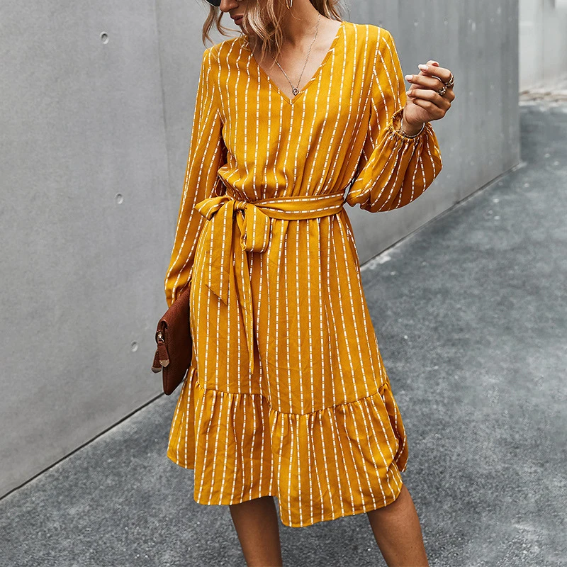 

Striped Women Dress Long Sleeve Elegant Dress Autumn V Neck Casual Stripe Belted Midi Dresses Office Ladies Vestidos