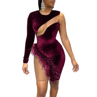 velvet christmas dress women sexy club dresses long sleeve one shoulder mesh patchwork feather short red bodycon party dress