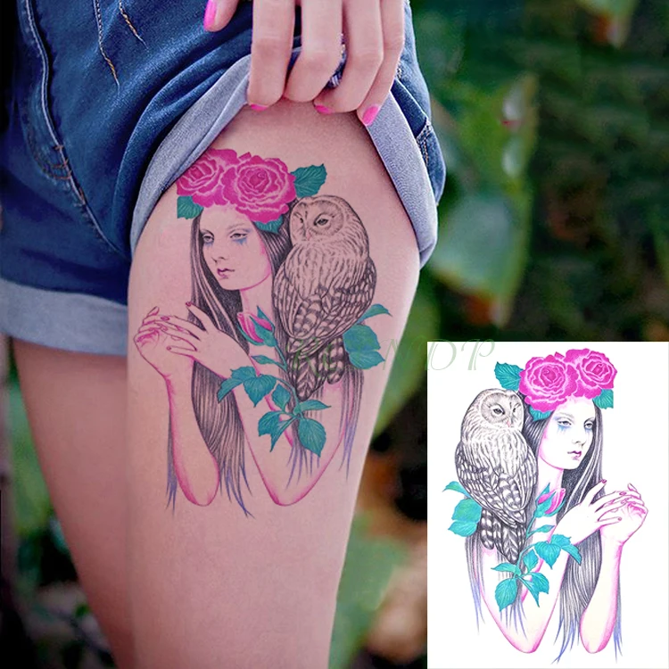 

Waterproof Temporary Tattoo Sticker Owl Rose Beauty girl Body Art Fake Tatto Flash Tatoo Tatouage Leg Arm for Women Men