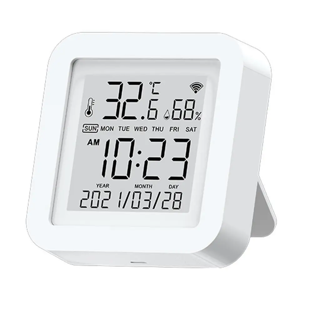 

WIFI Temperature Humidity Sensor Smart Digital Thermometer Hygrometer Time Date LCD Screen Smart Home Desk Clock