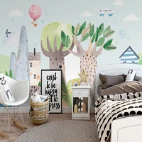 custom photo mural wallpaper for kids bedroom decoration hand drawn cartoon watercolor tree hot air balloon room background