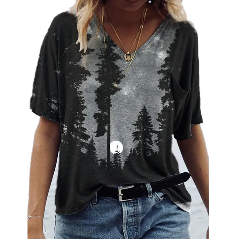 

3XL Oversized Ladies Tops Summer V-Neck Print Natural Scenery T Shirt Women Casual Streetwear Plus Size Female Tee Tops 2021 New