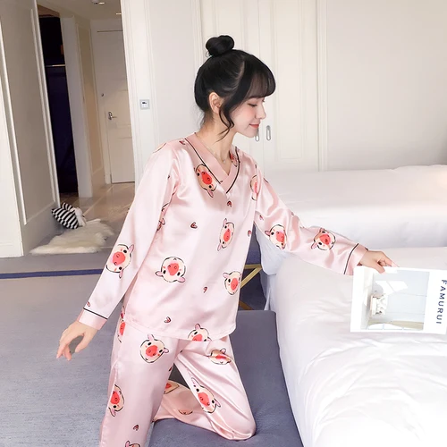 C Q 899 fen Осенняя Шелковая пижама с длинным рукавом для женщин pijama mujer, милый пижамный комплект с мультяшным принтом, домашняя одежда, длинные штаны, сексуальные пижамы - Цвет: C Q 899 fen