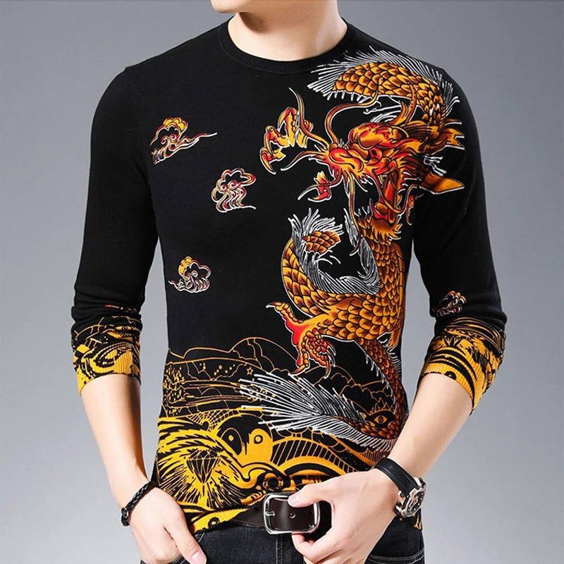

T-shirt Men's Casual Slim O-neck Animal 3D Print Chinese Style Long-sleeved Tshirt Sweater Spring Summer Fashion Top For Male