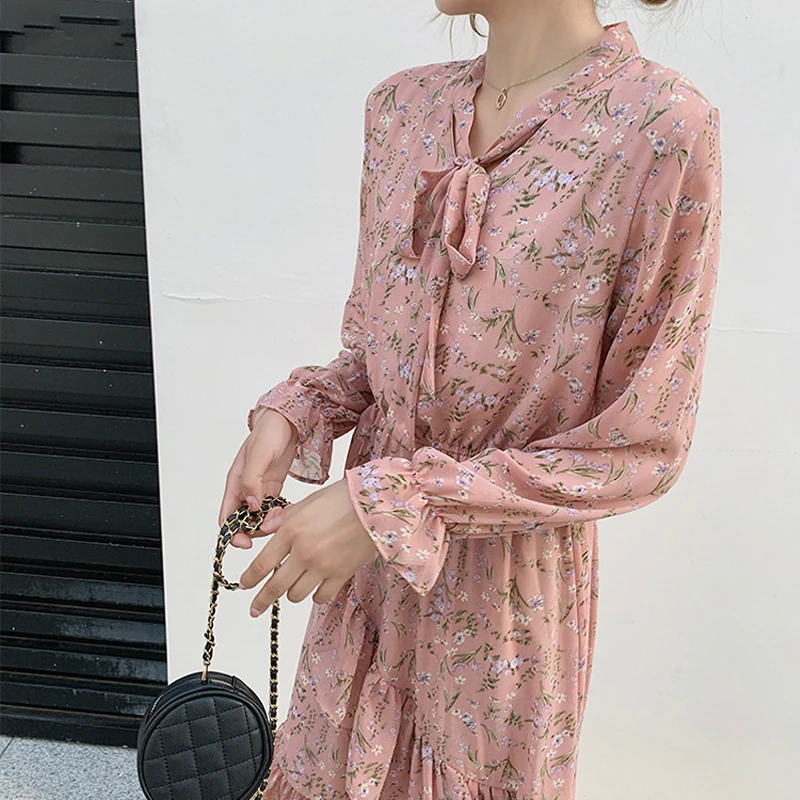 Mozuleva Floral Print Chiffon Women Dress Lace Up Collar Irregular Ruffles Female Long Vintage Flare Sleeve A-line Vestido | Женская